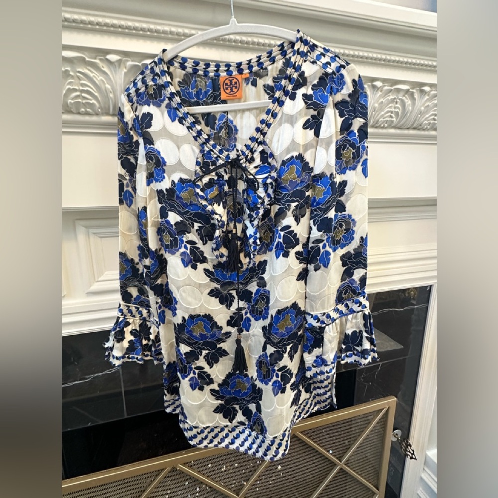 Tory Burch White and Blue Floral Blouse